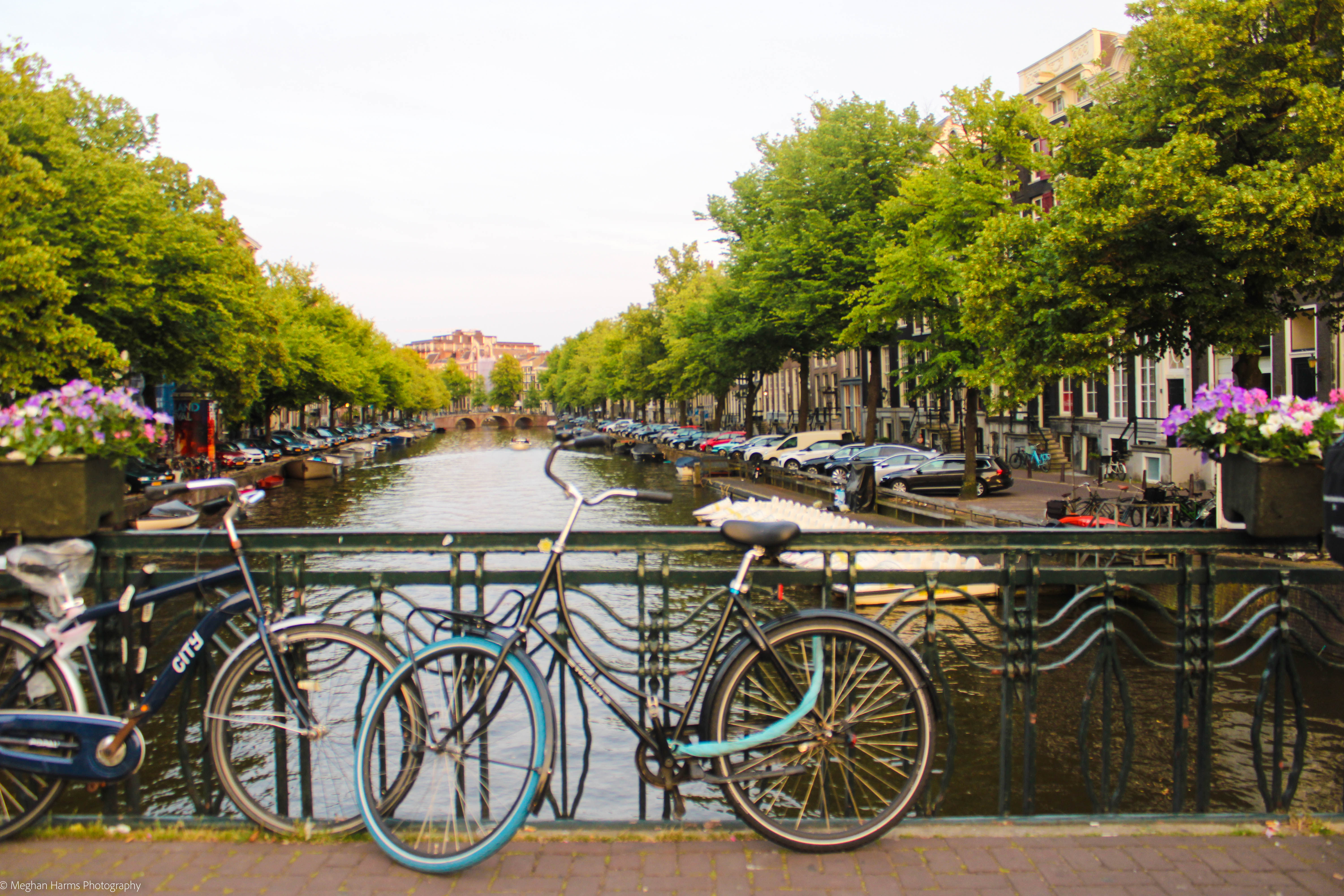 Two bikes in front of a railing over a canal with buckets of flowers on each side of the bikes. Trees and boats are on both sides of the canal.